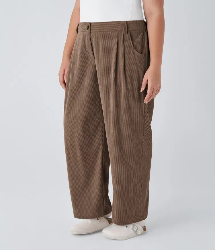 Mid Rise Zipper Pocket Plus Size Corduroy Casual Trousers