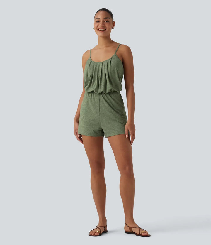 U-Neck Adjustable Straps Pleated Built-in Bra Casual Romper with Pockets-Easy Peezy
