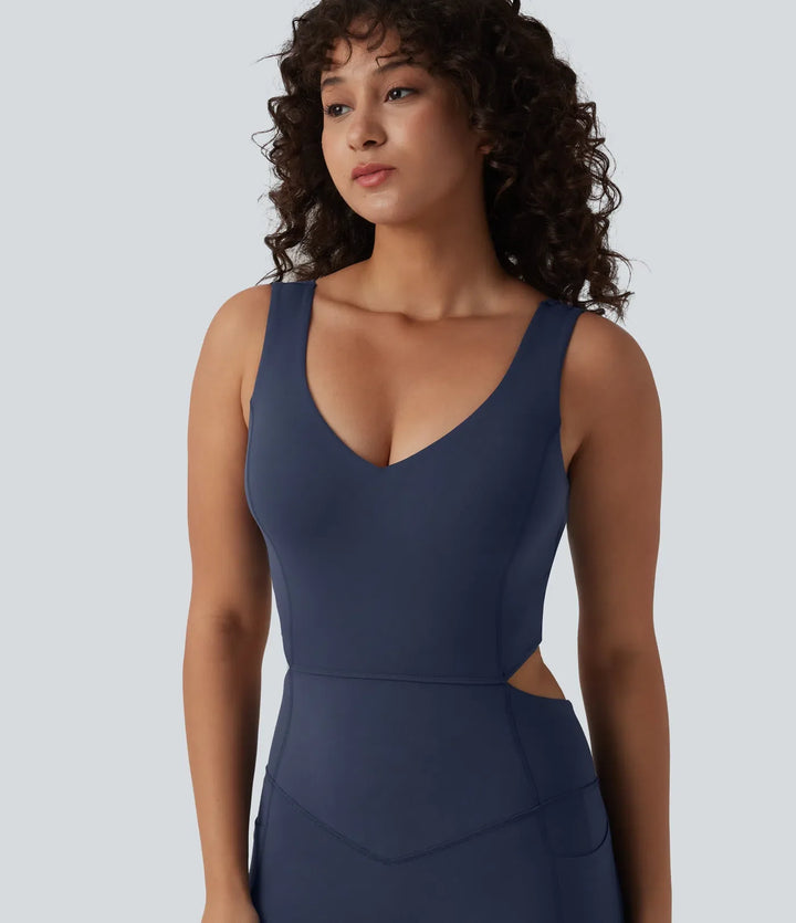 Halara UltraSculpt V Neck Tummy Control Butt Lifting Workout Jumpsuit with Pockets-Easy Peezy Edition
