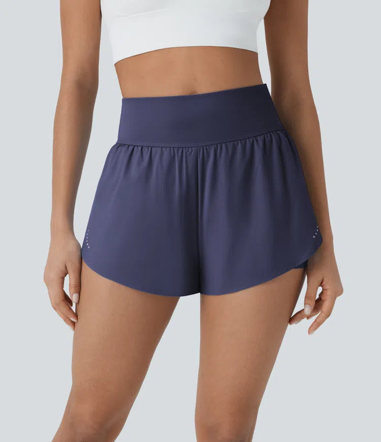 SoftlyZero QuickDry High Waisted Tummy Control Reflective Dots Crossover Hem 2-in-1 Running Shorts 3&