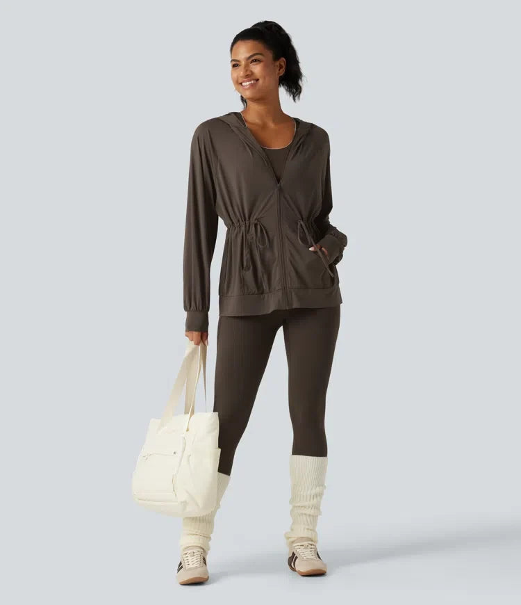 Hooded Long Sleeve Drawstring InstantCool Yoga Jacket with Pockets-UPF50+