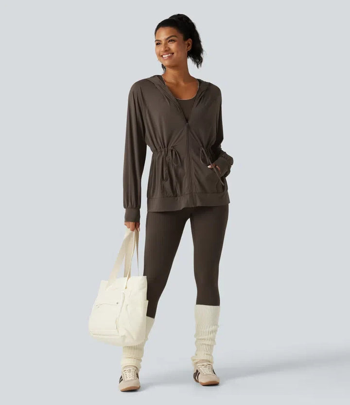 Hooded Long Sleeve Drawstring InstantCool Yoga Jacket with Pockets-UPF50+