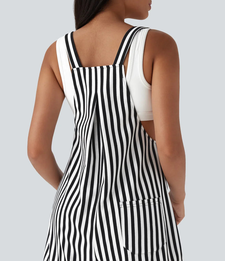 Pockets Stripe Waffle Short Overalls