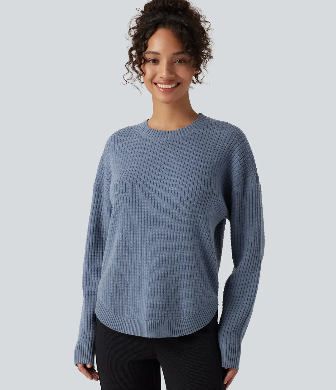 Round Neck Long Sleeve Curved Hem Work Jumper