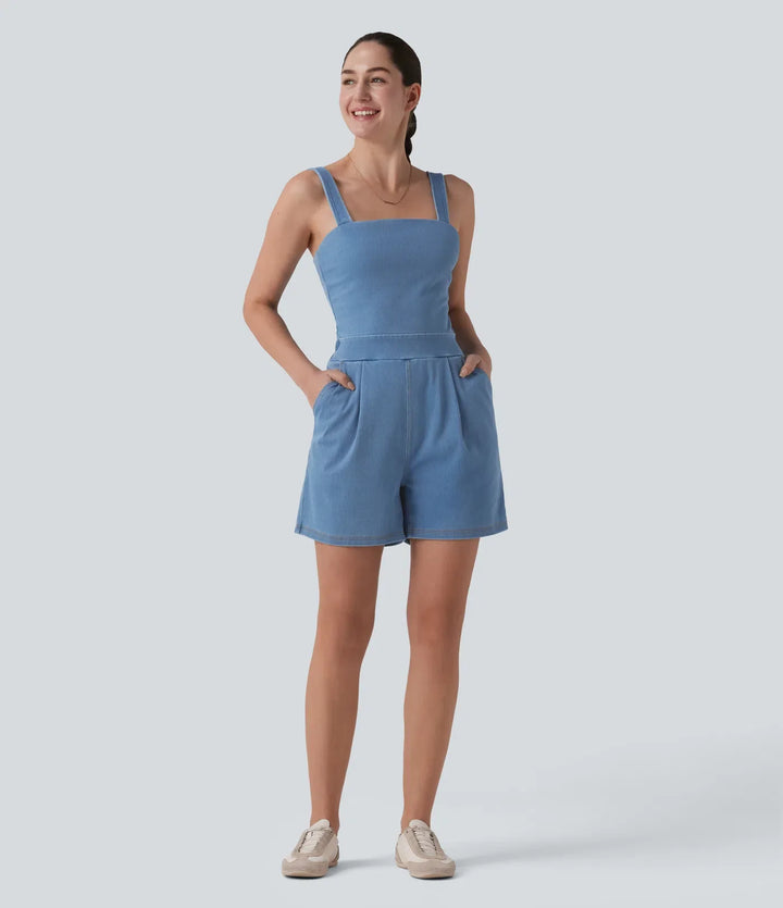 Halara Flex Denim Square Neck Sleeveless Casual Romper with Pockets-Easy Peezy