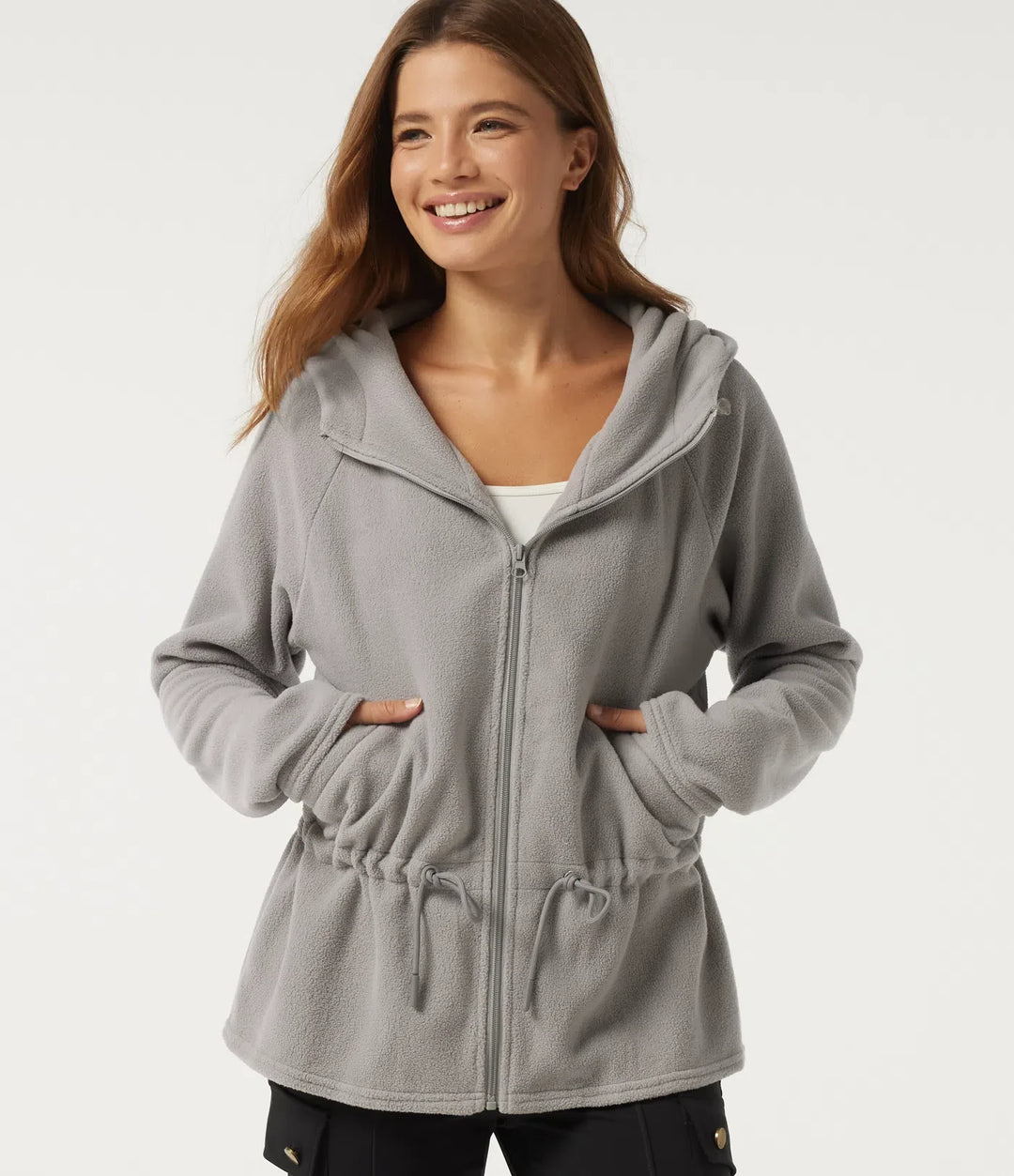 Hooded Long Sleeve Drawstring Curved Hem Fleece Casual Coat with Pockets