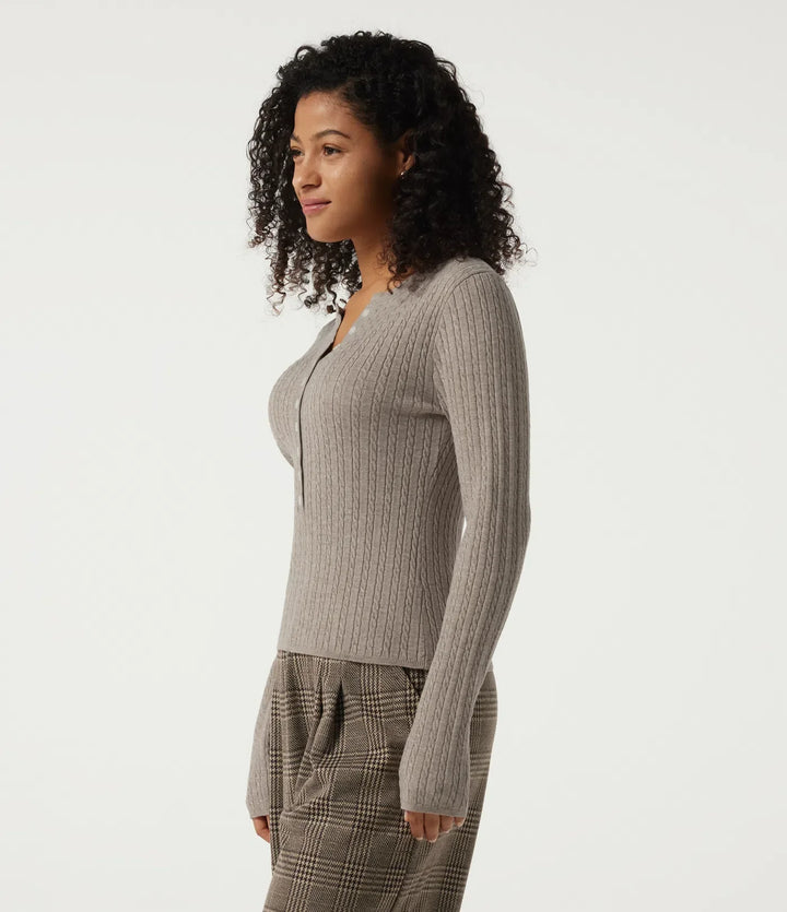 Henley Neck Cable Stitch Long Sleeve Work Jumper