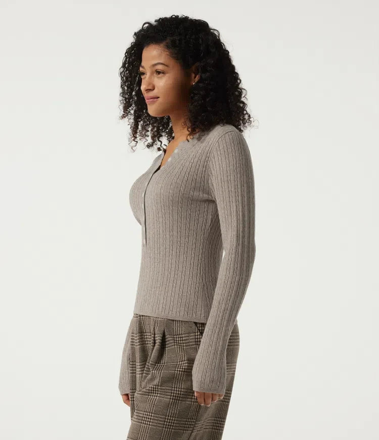 Henley Neck Cable Stitch Long Sleeve Work Jumper
