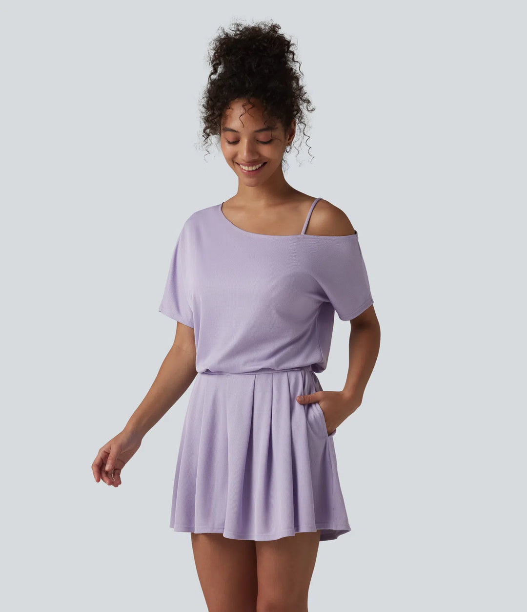 One Shoulder Short Sleeve Pleated Waffle Casual Playsuit with Pockets-Easy Peezy Edition