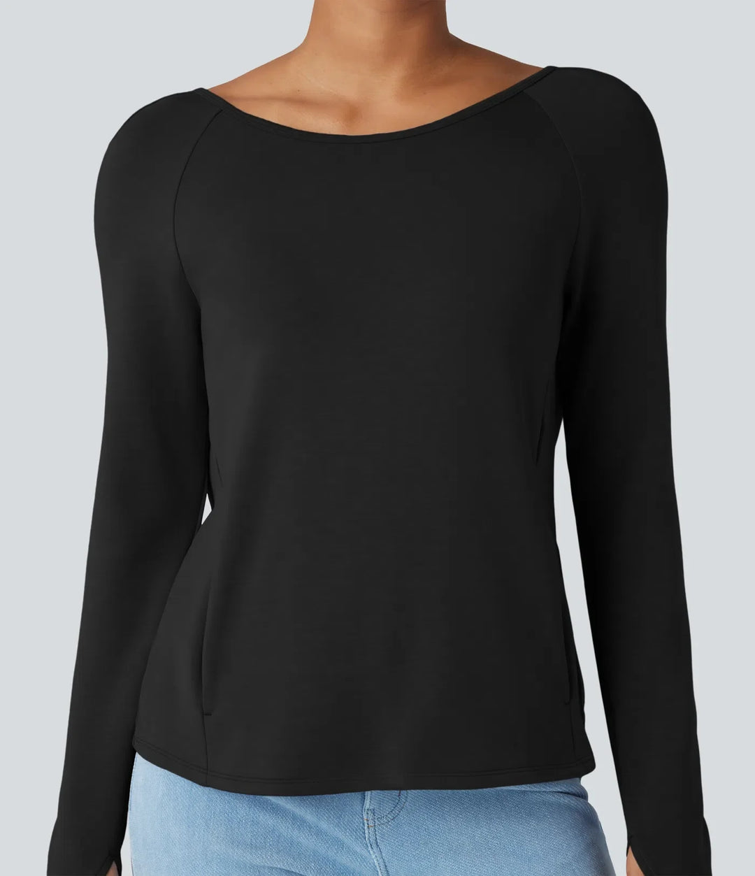 SpacerTek Backless Twisted Long Sleeve Thumb Holes Casual Sweatshirt with Pockets