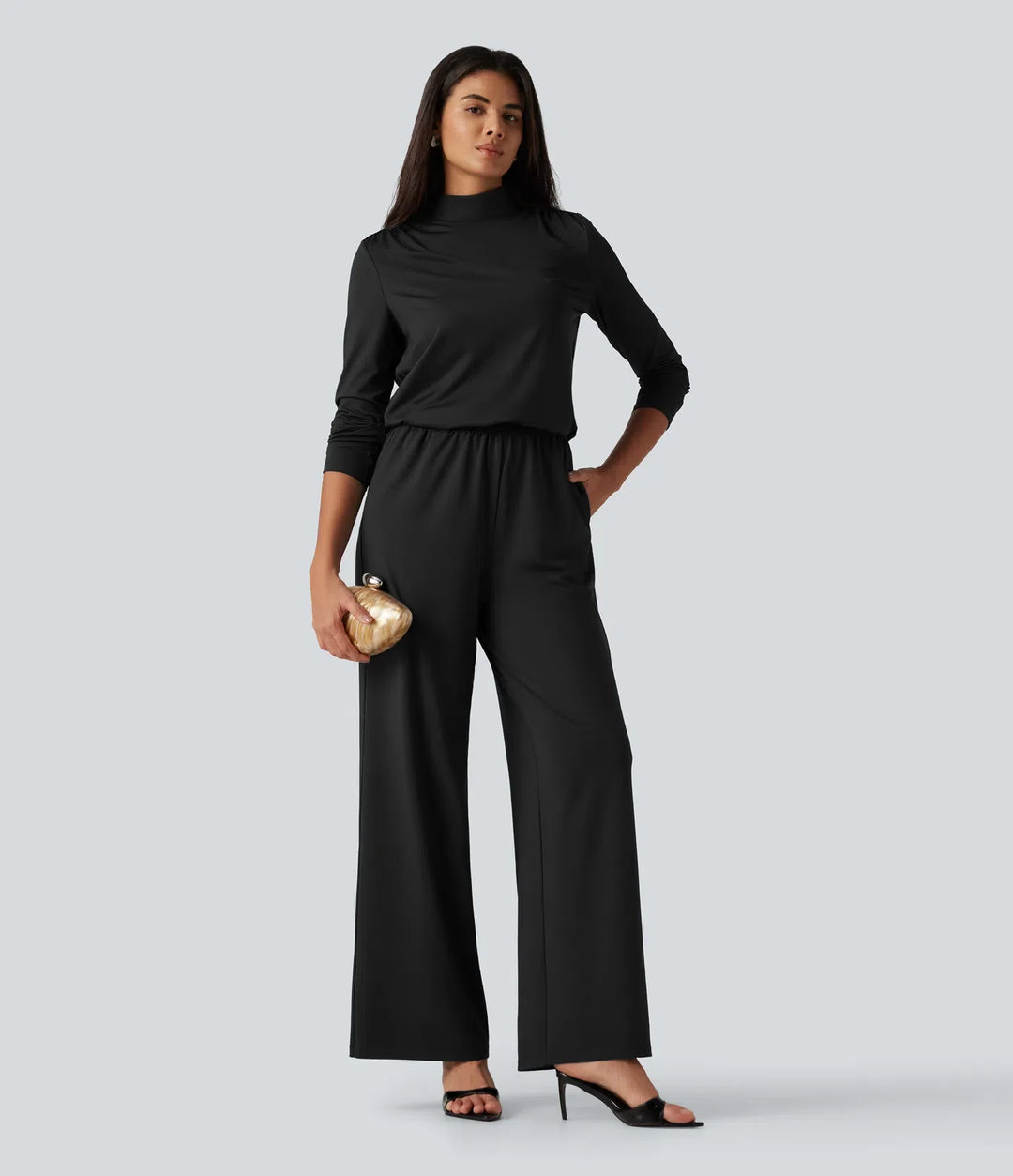 Stand Collar Long Sleeve Straight Leg Jumpsuit with Pockets-Easy Peezy Edition