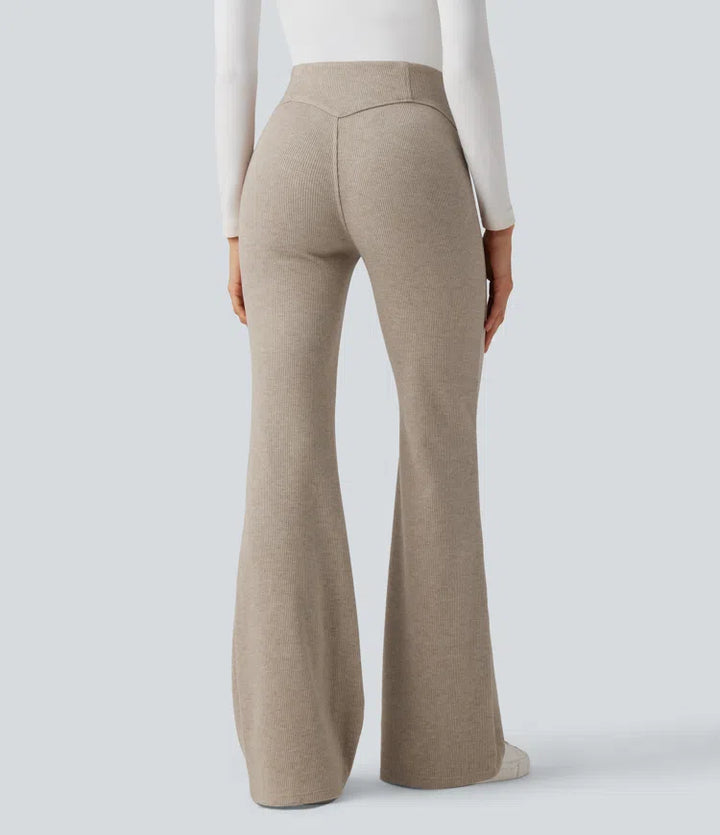 Ribbed High Waisted Tummy Control Casual Flare Trousers