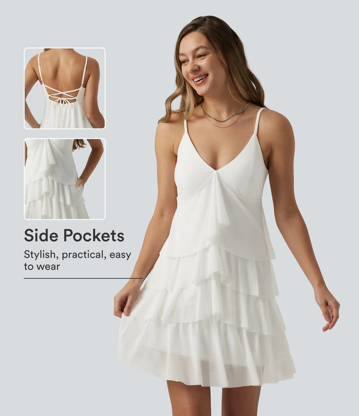 Crisscross Backless Mesh Overlay Built-in Bra Mini Casual Tiered Slip Dress with Pockets