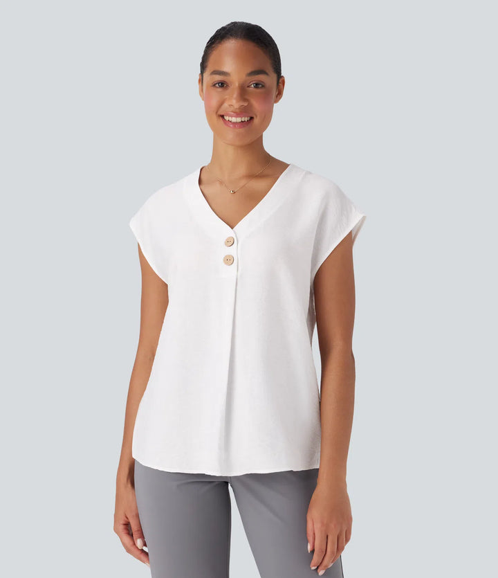 V Neck Cap Sleeve Decorative Button Work Blouse
