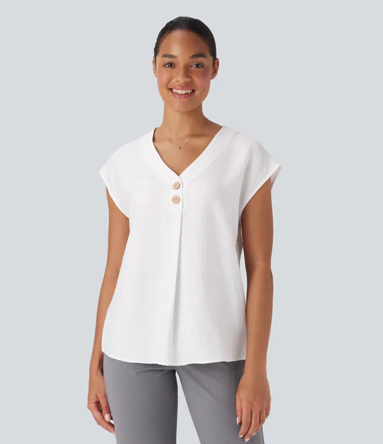 V Neck Cap Sleeve Decorative Button Work Blouse