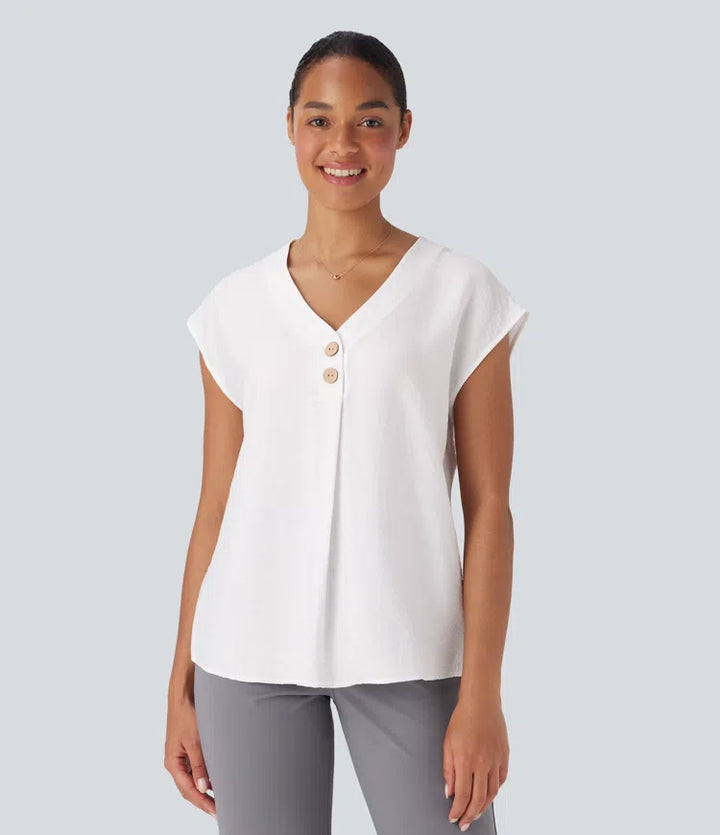 V Neck Cap Sleeve Decorative Button Work Blouse