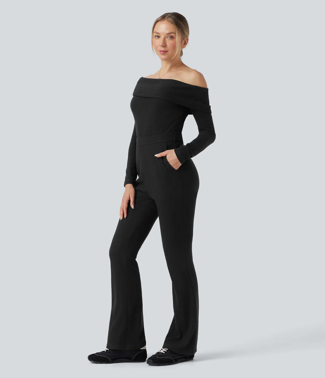 Ribbed Knit Foldover Off Shoulder Long Sleeve Bootcut Casual Jumpsuit with Pockets-Easy Peezy Edition