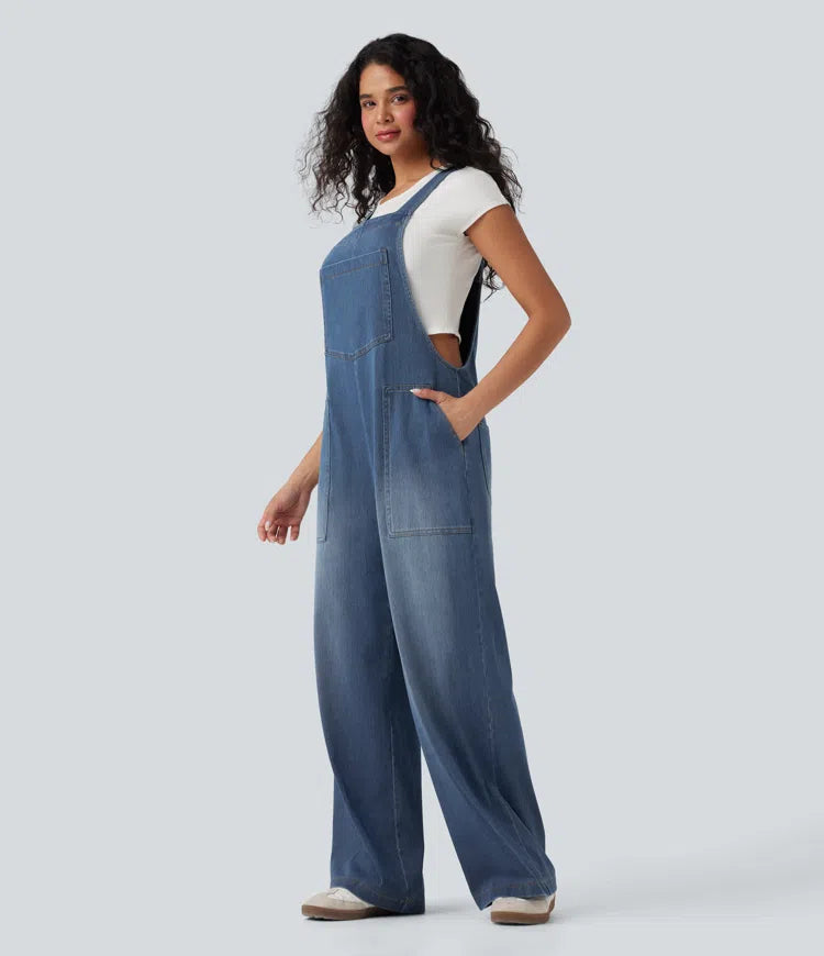 Halara Flex Square Neck Washed Denim Casual Dungarees with Pockets