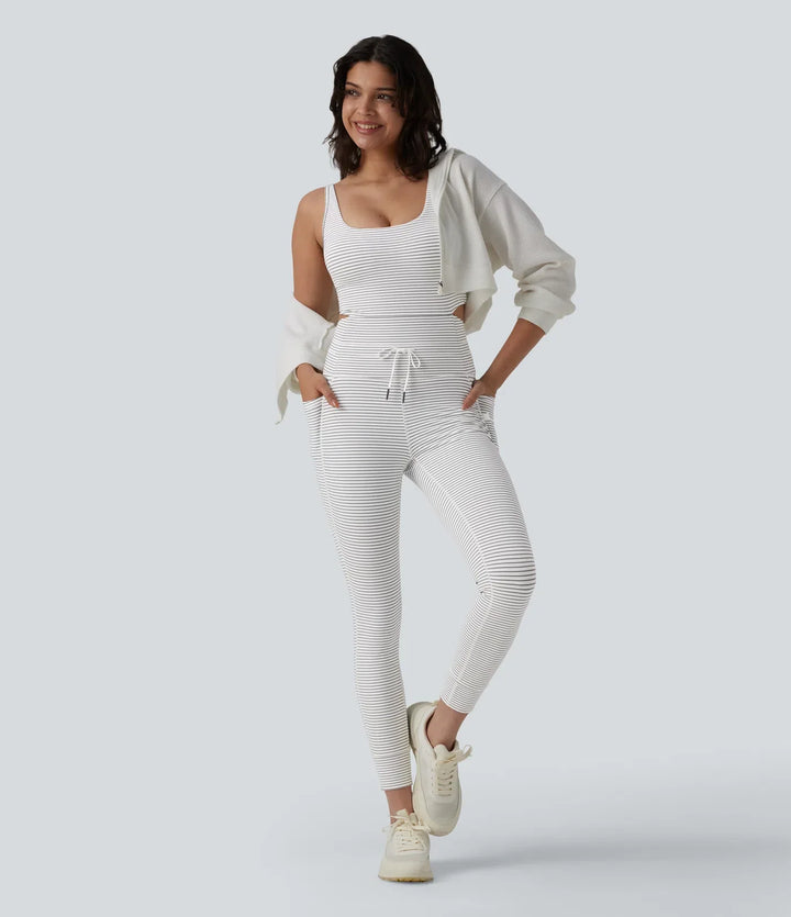U Neck Cut Out Drawstring Tummy Control Stripe Yoga Jumpsuit with Pockets-Easy Peezy Edition
