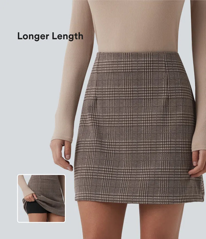 High Waisted 2-in-1 Houndstooth Plaid Mini Work Skirt-Longer Length