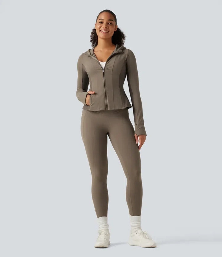 Halara UltraSculpt Hooded Long Sleeve Ruffle Hem Yoga Track Jacket with Pockets and  Thumb Holes