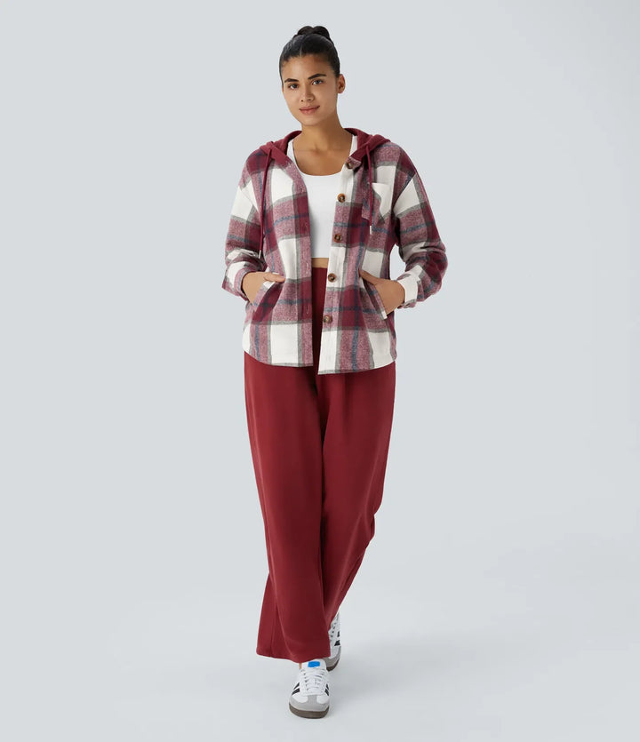 Hooded Drawstring Pocket Plaid Thermal Casual Jacket
