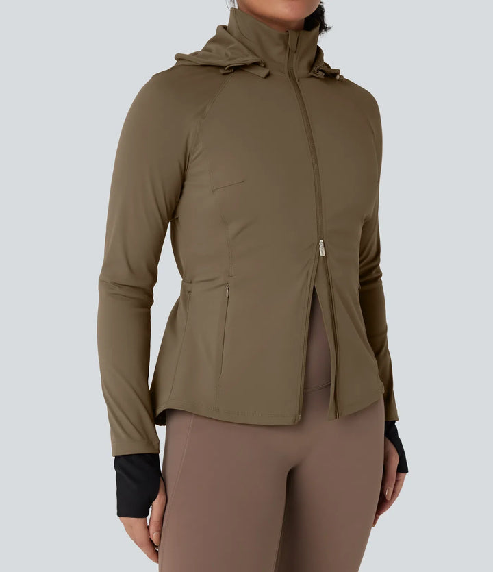 Removable Hood Thumb Holes Drawstring 2-Way Zipper Hiking Jacket with Pockets