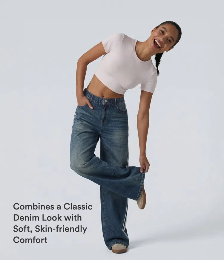 Mid Rise Denim Print French Terry Stripe Casual Sweattrousers Jeans with Pockets