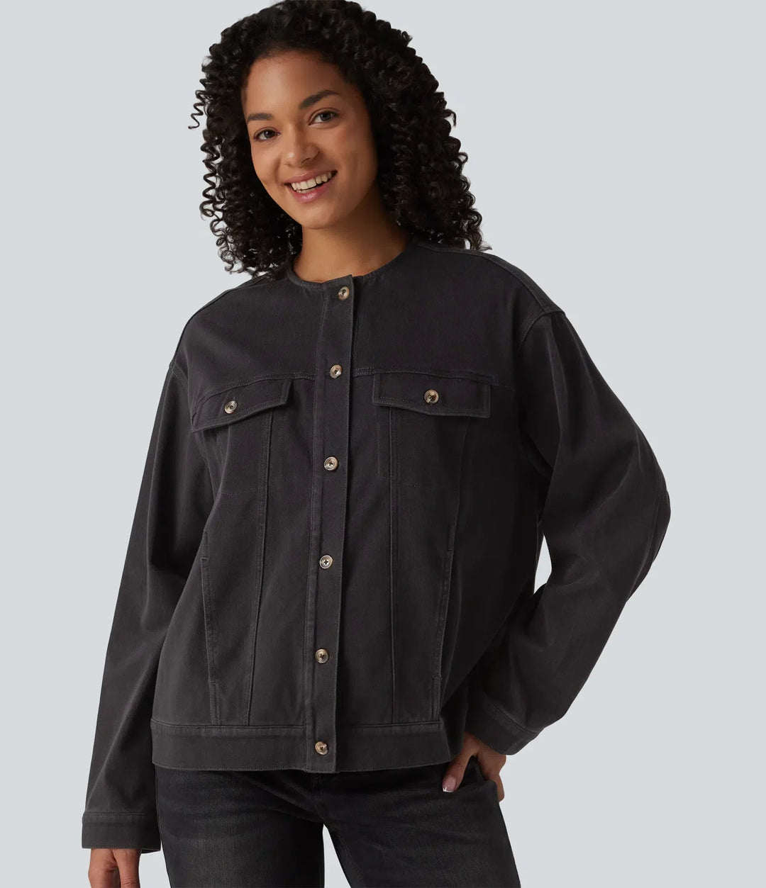 Halara Flex Round Neck Long Sleeve Denim Casual Jacket with Pockets