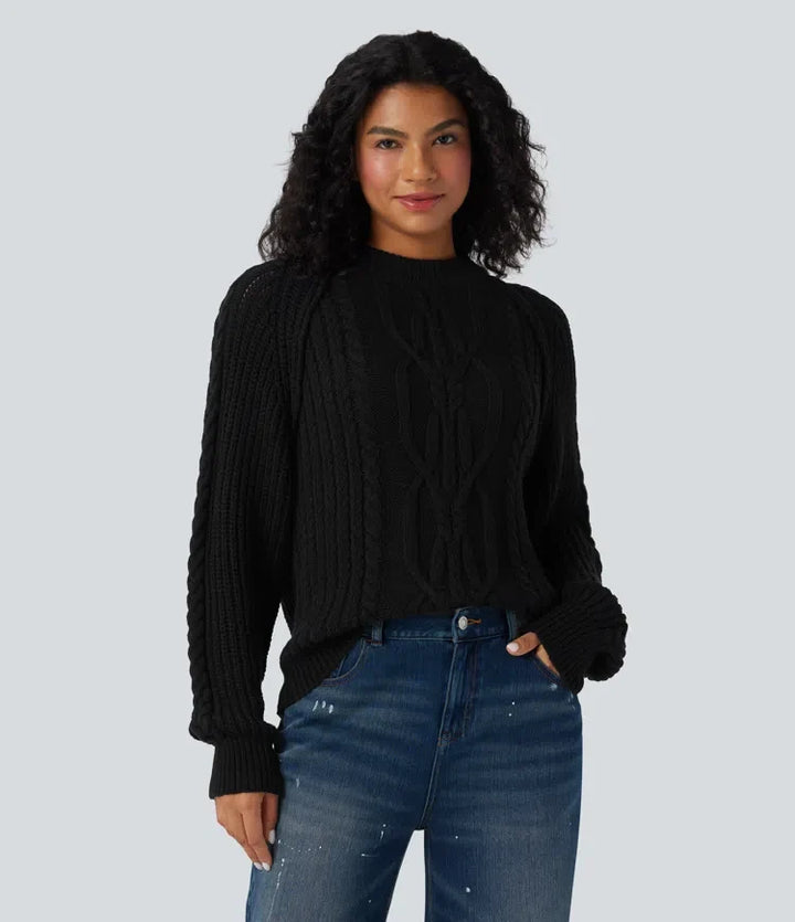 Round Neck Raglan Long Sleeve Relaxed Cable Knit Casual Jumper