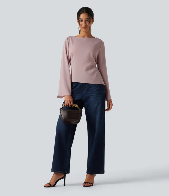 Boat Neck Flounce Long Sleeve Tie Back Asymmetric Hem Casual Blouse