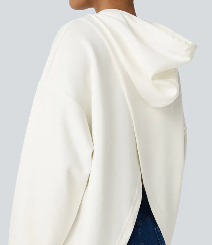 Hooded Drawstring Long Sleeve Kangaroo Pocket Crossover Split Casual Sweatshirt