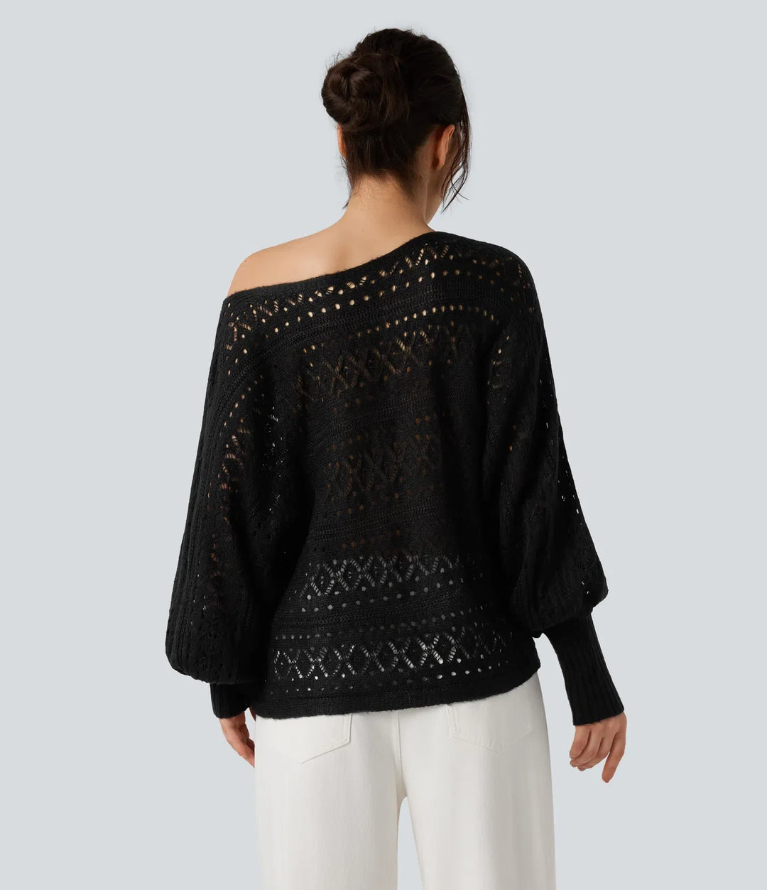 Round Neck Batwing Long Sleeve Hollow Out Casual Jumper