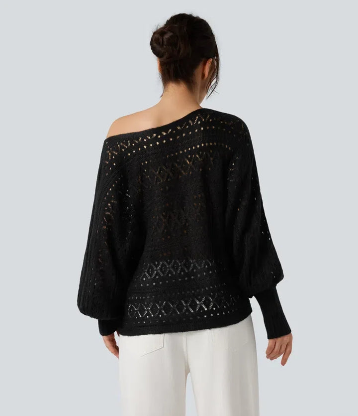 Round Neck Batwing Long Sleeve Hollow Out Casual Jumper