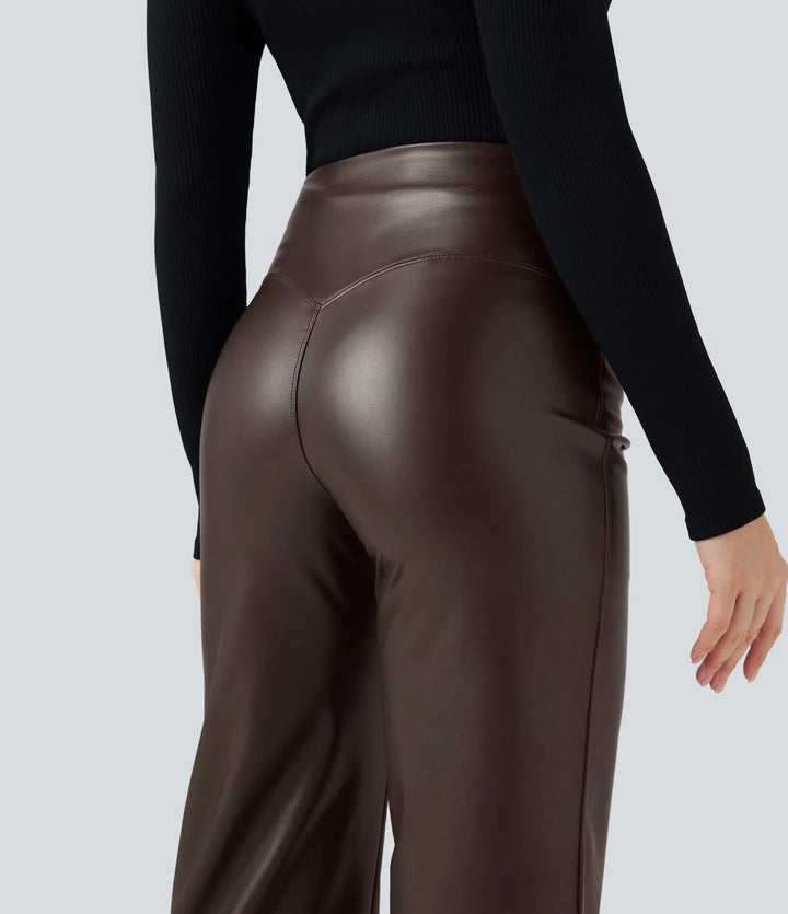 High Waisted Tummy Control Stretchy PU Fleece Casual Flare Trousers with Pockets
