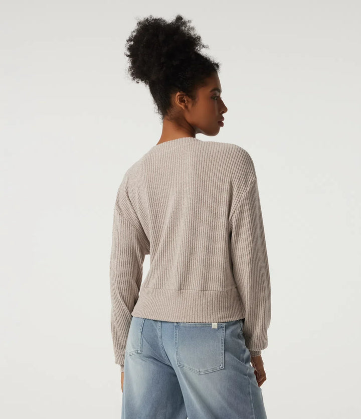 Ribbed Knit V Neck Long Sleeve Tie Side Wrapped Casual Top