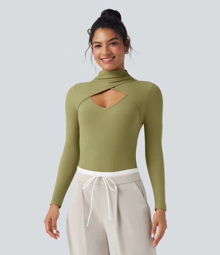 Ribbed Knit High-neck Cut-out Long Sleeve Skinny Work Bodysuit
