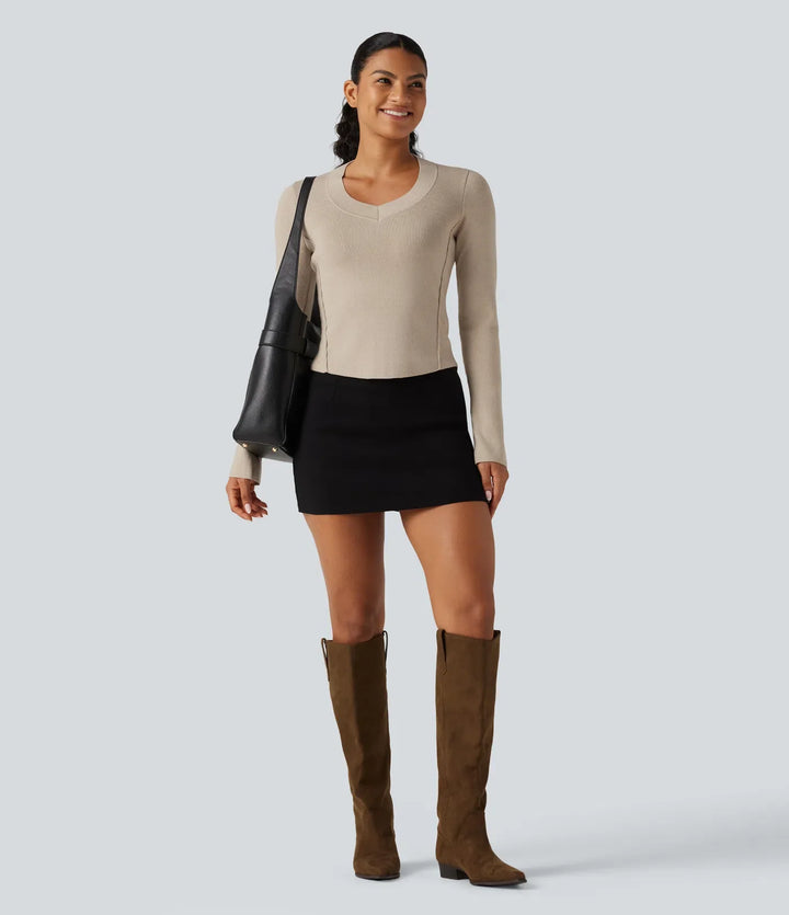 V Neck Long Sleeve Curved Hem Work Wool-Blend Jumper