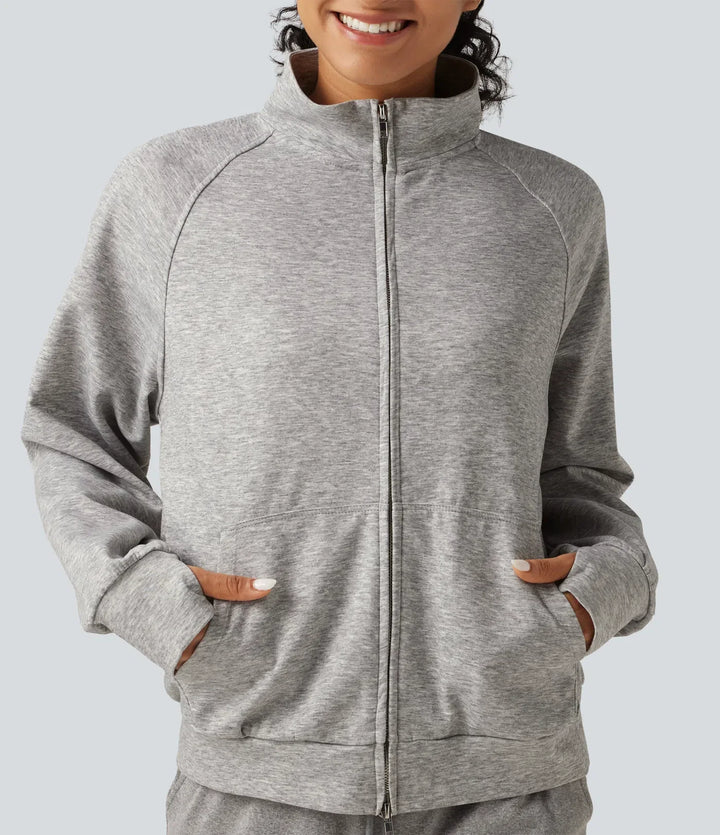 High Neck 2-Way Zipper Long Sleeve Thumb Hole Casual Jacket with Pockets