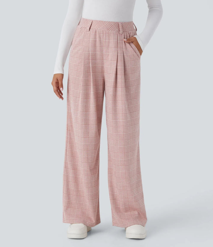 High Waisted Pocket Wide Leg Baggy Houndstooth Plaid Casual Trousers