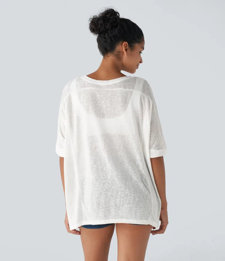 Asymmetric Split Hem Sheer Oversize Casual Top
