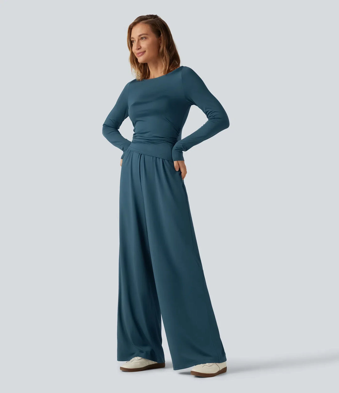 Boat Neck Long Sleeve Wide Leg Ruched Casual Jumpsuit with Pockets-Easy Peezy Edition