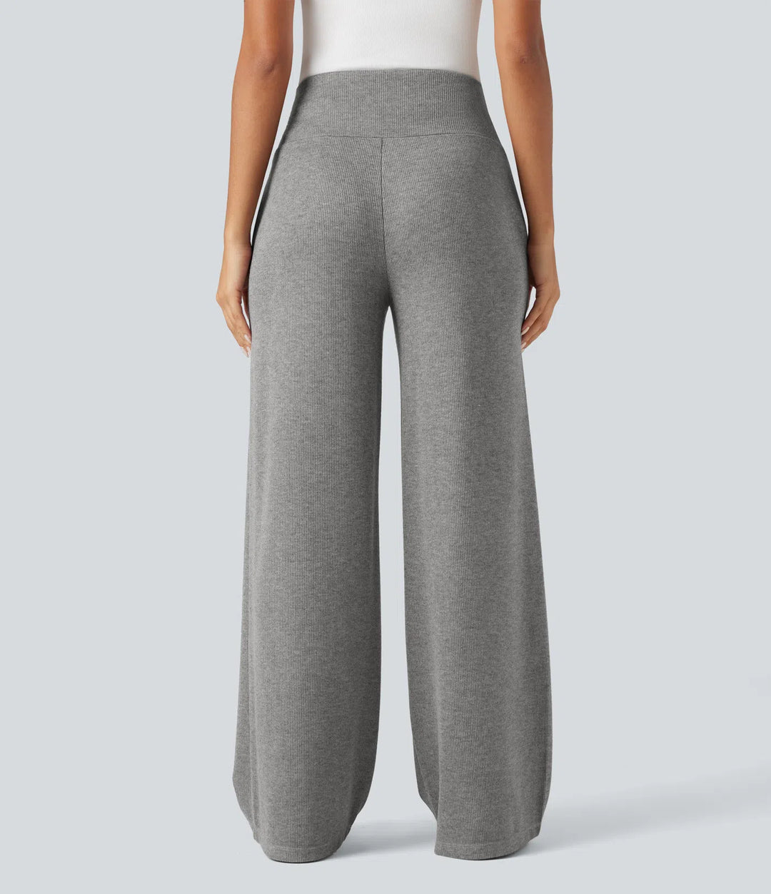 Ribbed Knit High Waisted Tummy Control Drawstring Casual Wide Leg Trousers with Pockets
