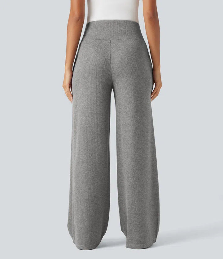 Ribbed Knit High Waisted Tummy Control Drawstring Casual Wide Leg Trousers with Pockets