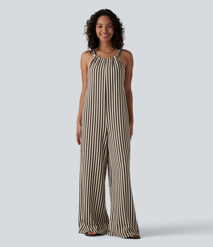 Tie-back Stripes Casual Baggy Dungarees with Pockets