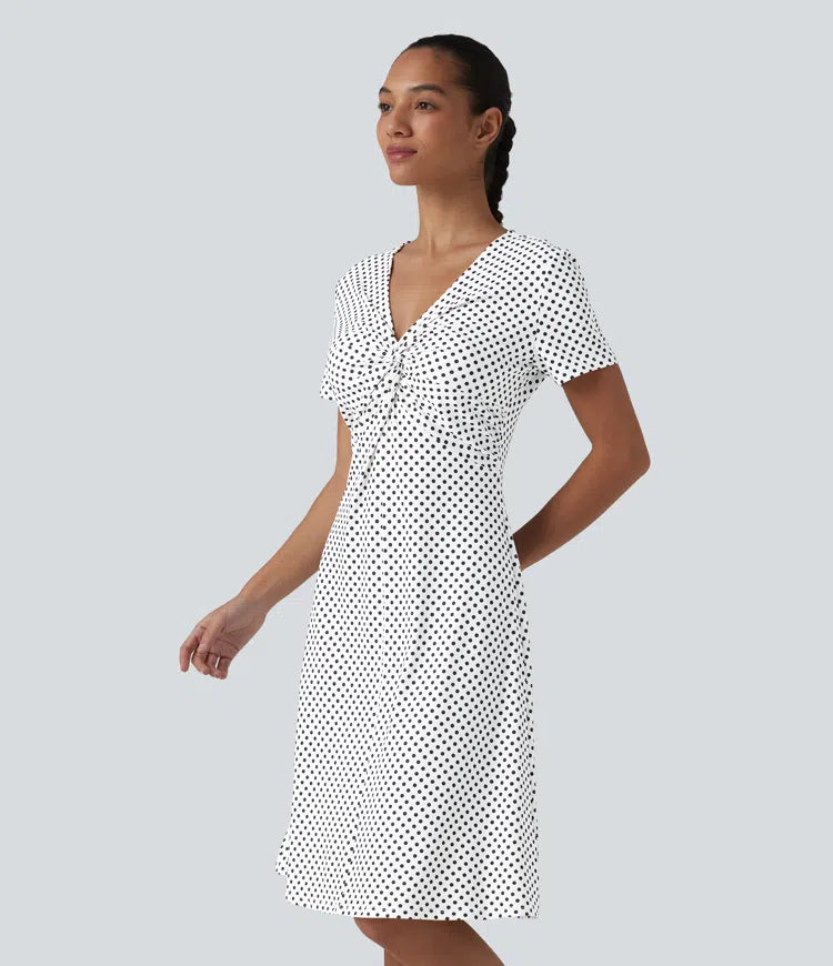 V Neck Short Sleeve Polka Dot Knee Length Casual Dress
