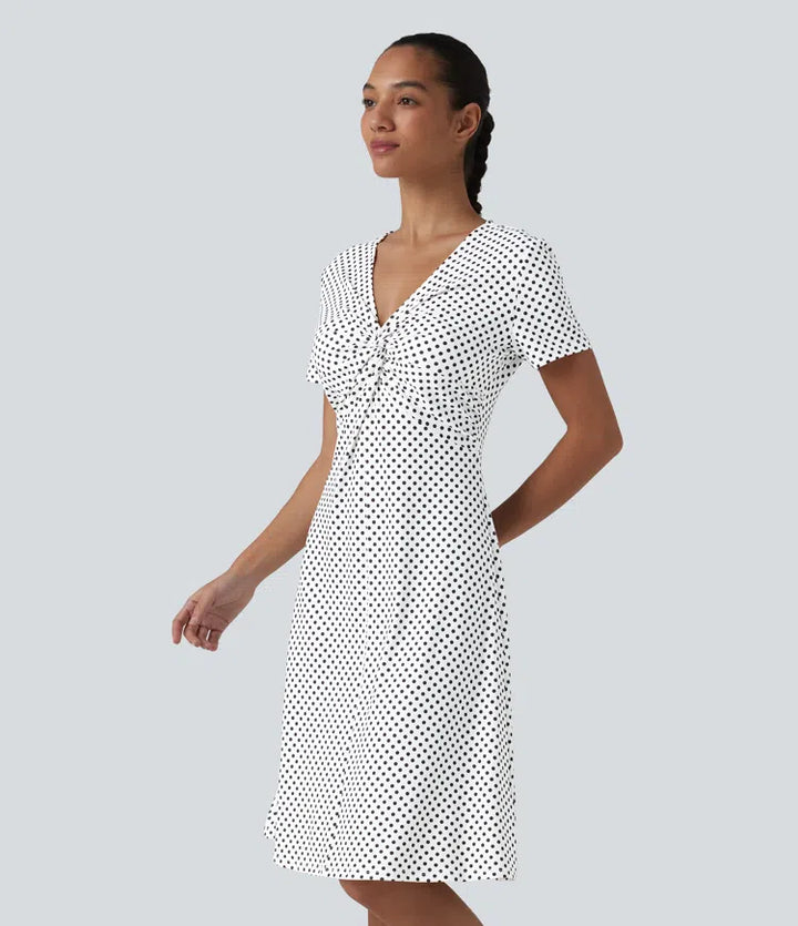 V Neck Short Sleeve Polka Dot Knee Length Casual Dress