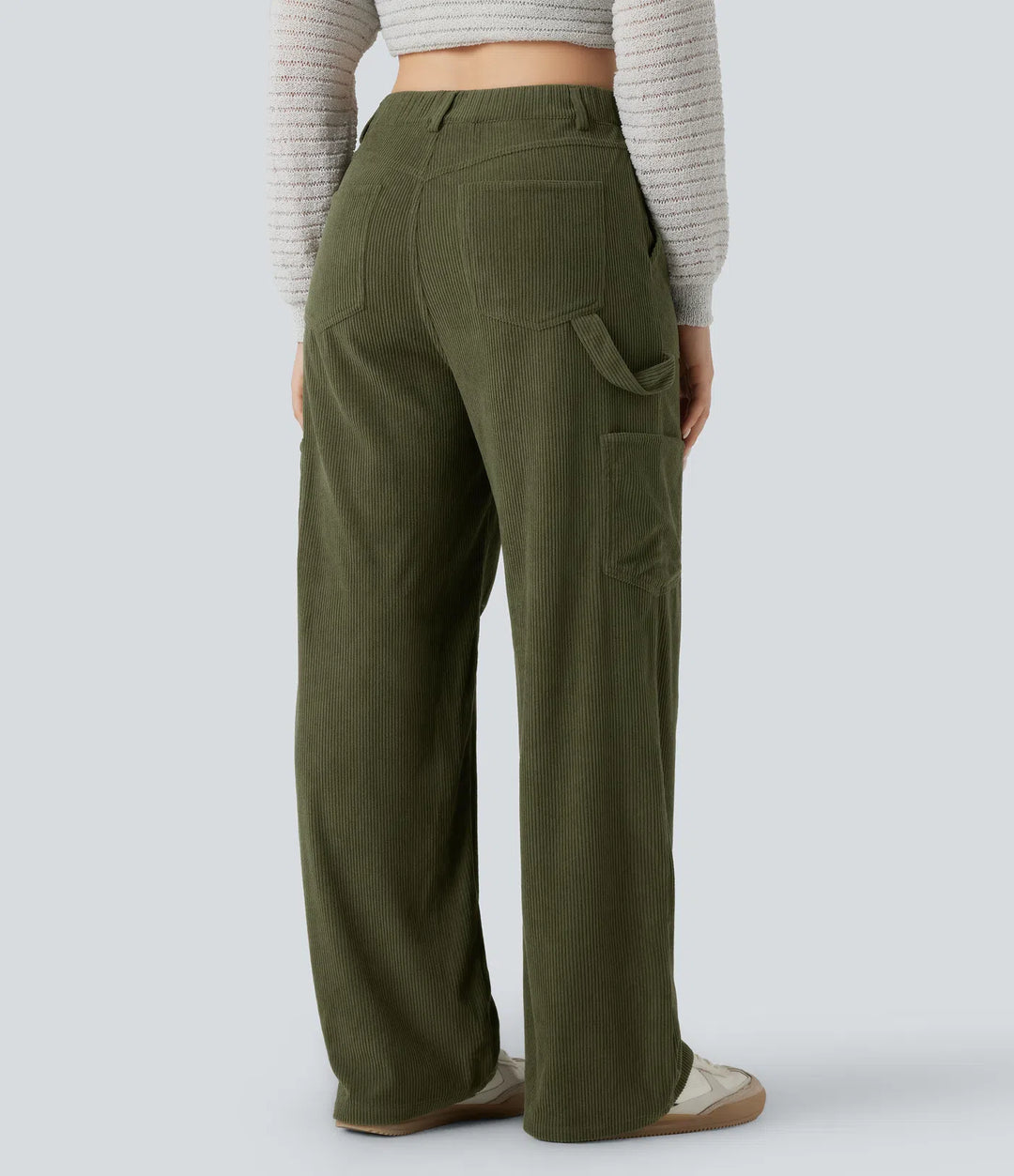 High Waisted Straight Leg Corduroy Casual Trousers with Pockets