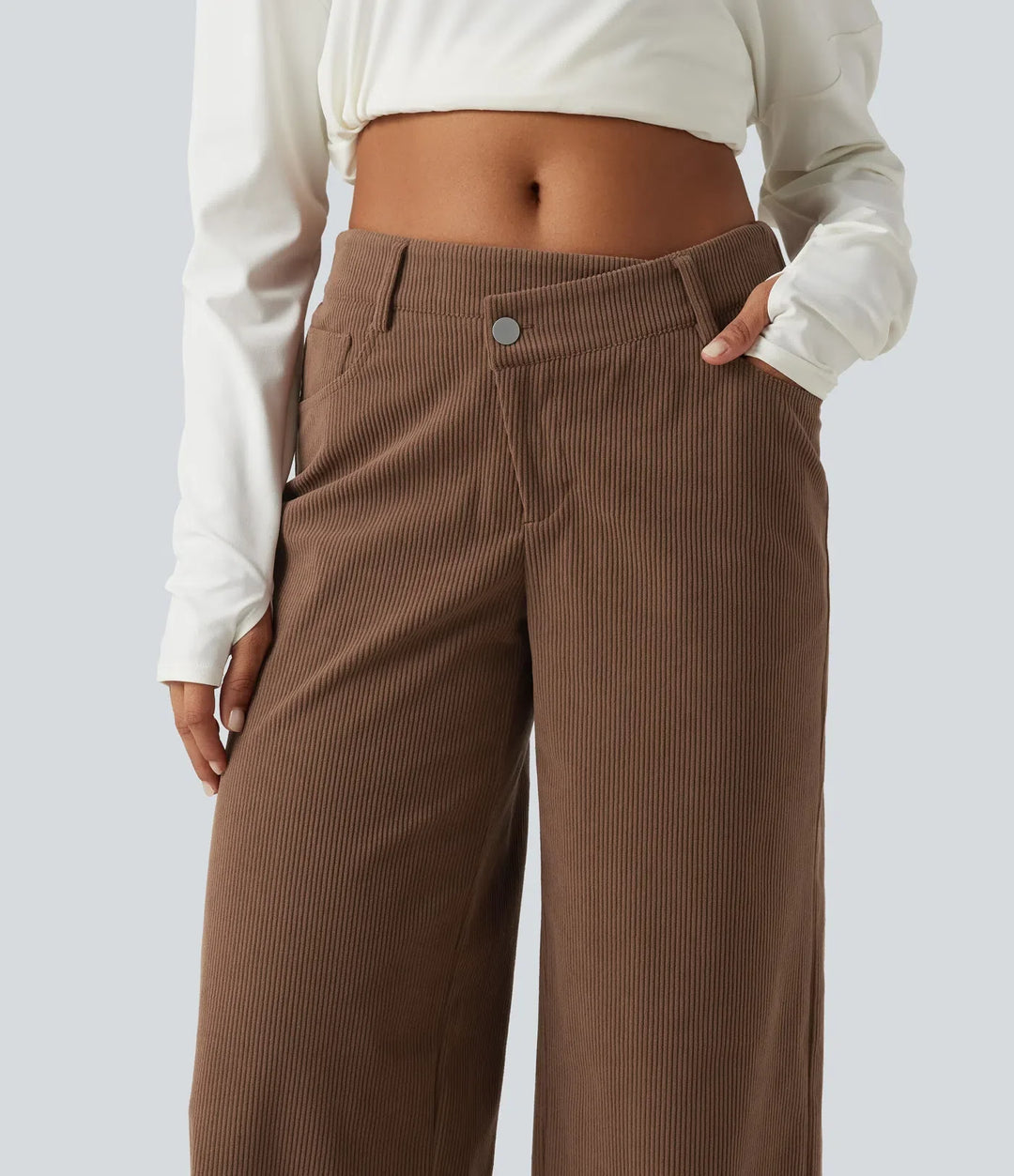 Mid Rise Asymmetric Wide Leg Corduroy Casual Trousers with Pockets