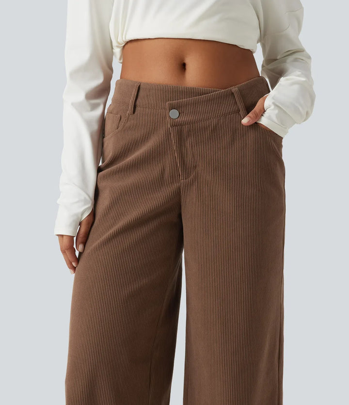Mid Rise Asymmetric Wide Leg Corduroy Casual Trousers with Pockets
